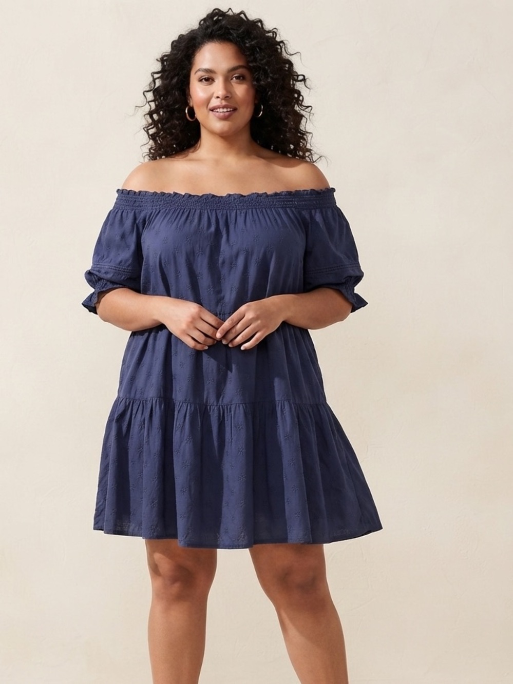 Old Navy Dress Plus 3X Smocked‎ Tiered Embrodered Puff Sleeve Swing Mini Navy